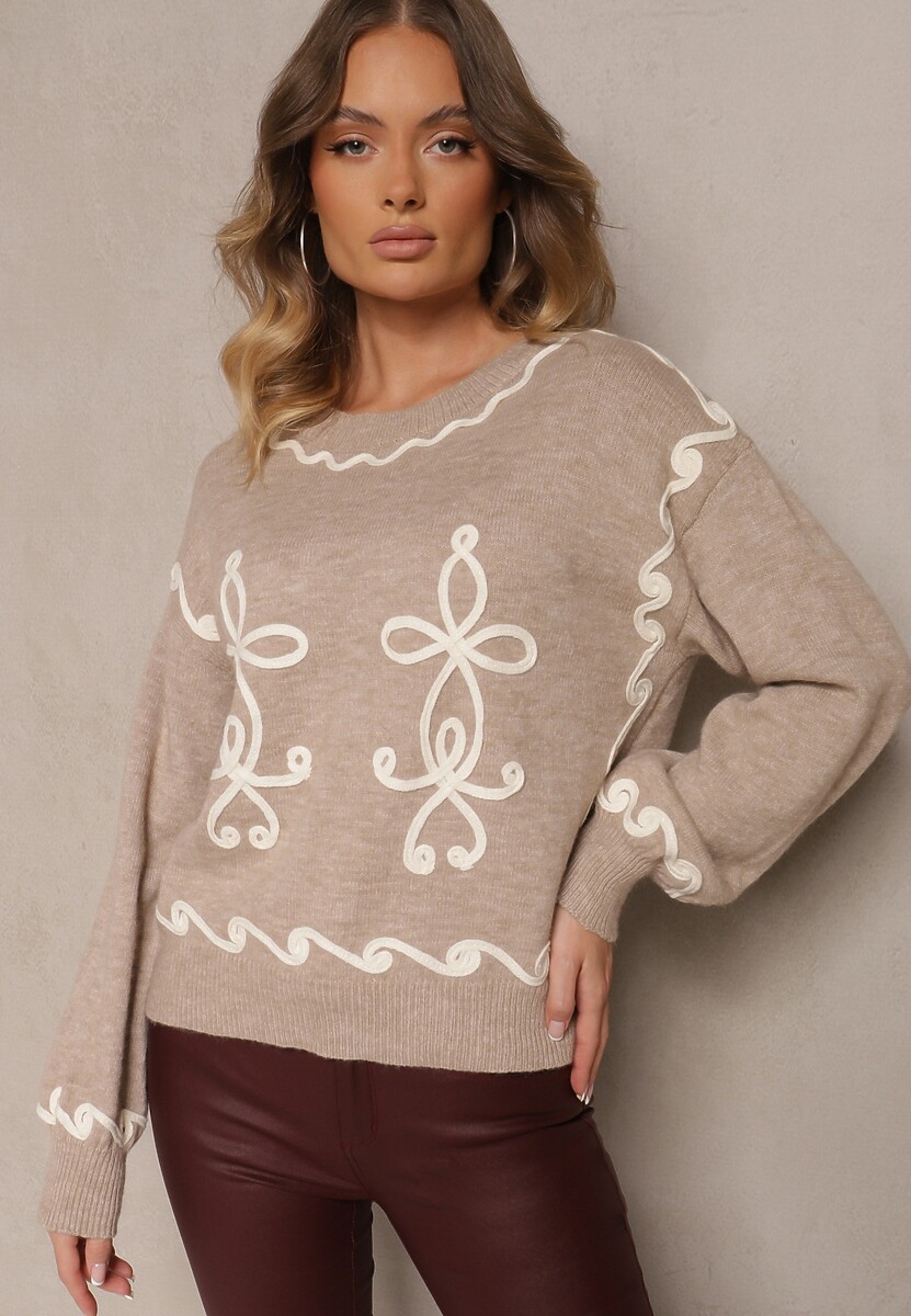 Jasnobeżowy Sweter z Wiskozą i Geometrycznym Wzorem Senallin