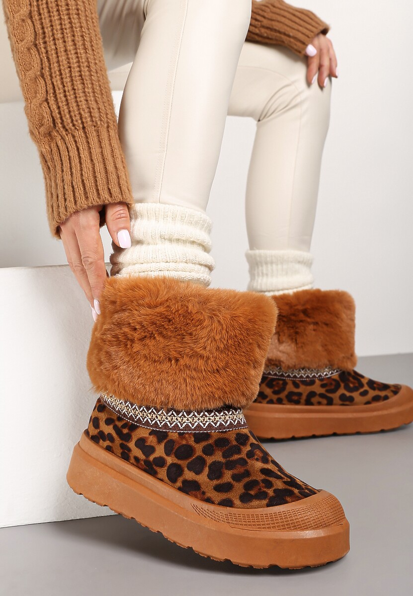 Brązowe Śniegowce na Płaskiej Podeszwie Ozdobione Futerkiem Haftem i Wzorem w Panterkę Lannetea
