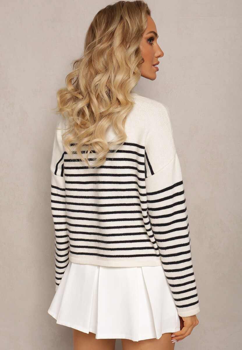 Beżowo-Czarny Sweter z Napisem Smile i Wzorem w Paski Suwaia