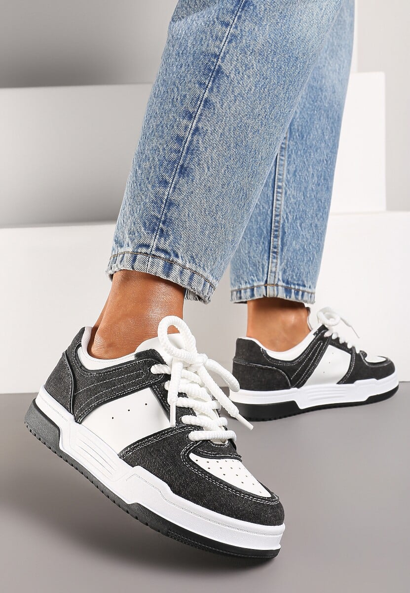 Czarno-Białe Sneakersy z Imitacji Skóry do Kostki ze Sznurowaniami na Grubej Podeszwie Ramara