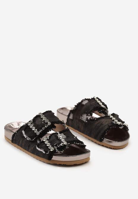 Czarne Płaskie Klapki Ozdobione Cyrkoniami i Klamrami Tesabelle