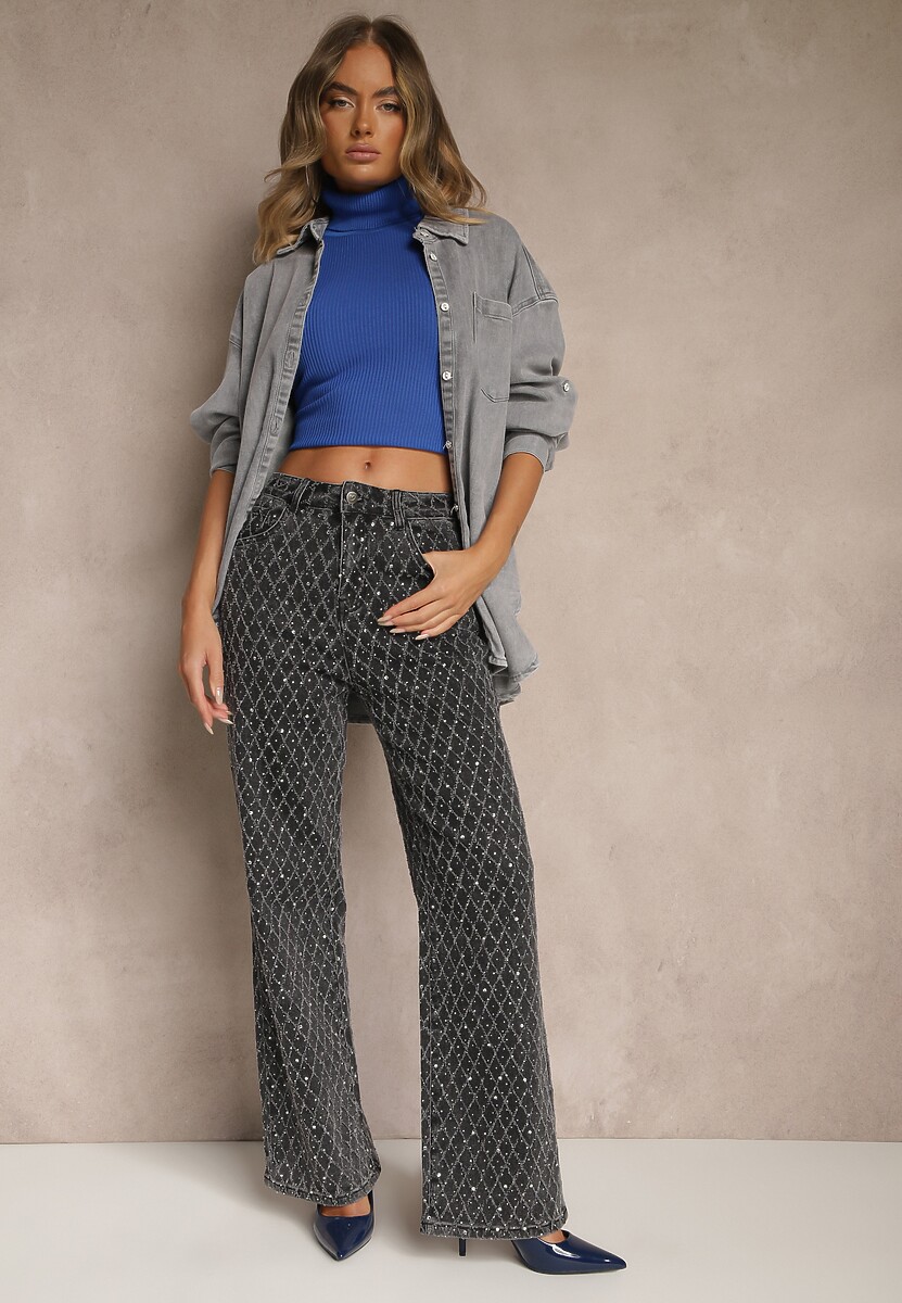 Szare Szerokie Jeansy High Waist z Cyrkoniowymi Zdobieniami Zarilene