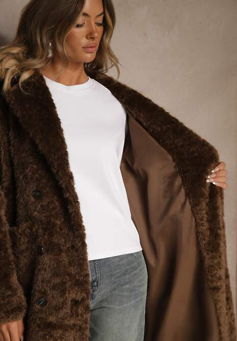 Brązowy Futrzany Płaszcz o Długim Kroju Typu Teddy Tadelia