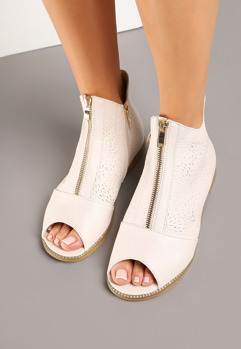 Beżowe Botki ze Skórzaną Wkładką z Tłoczoną Cholewką Lirive