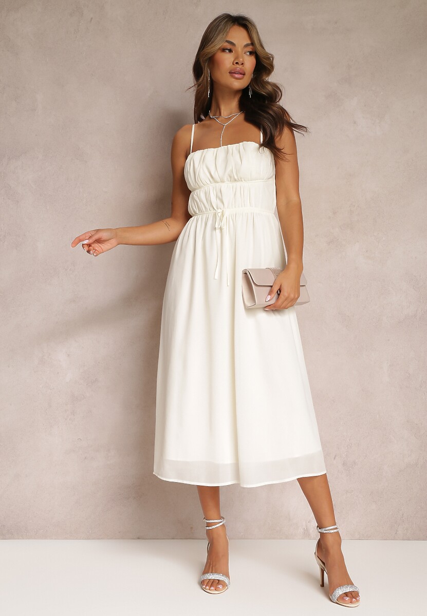 Beżowa Sukienka o Rozkloszowanym Kroju na Ramiączkach z Wiązaniem Lunarea