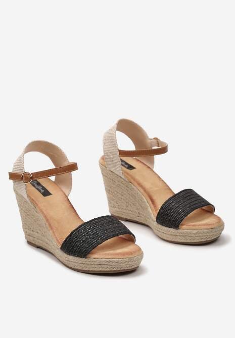 Czarne Sandały na Koturnie z Plecionki ze Sprzączką przy Kostce Storea