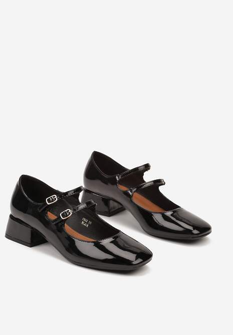 Czarne Lakierowane Czółenka na Niskim Słupku ze Sprzączkami Nevsha