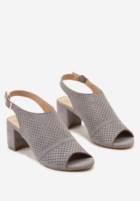 Szare Sandały na Słupku Peep Toe z Ażurowym Zdobieniem Tavia