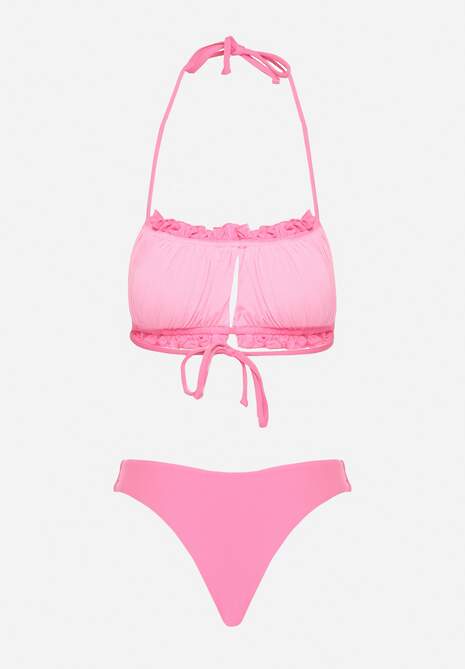 Różowe Bikini Majtki Figi Biustonosz z Wiązaniem Ozdobiony Marszczeniem Folinira
