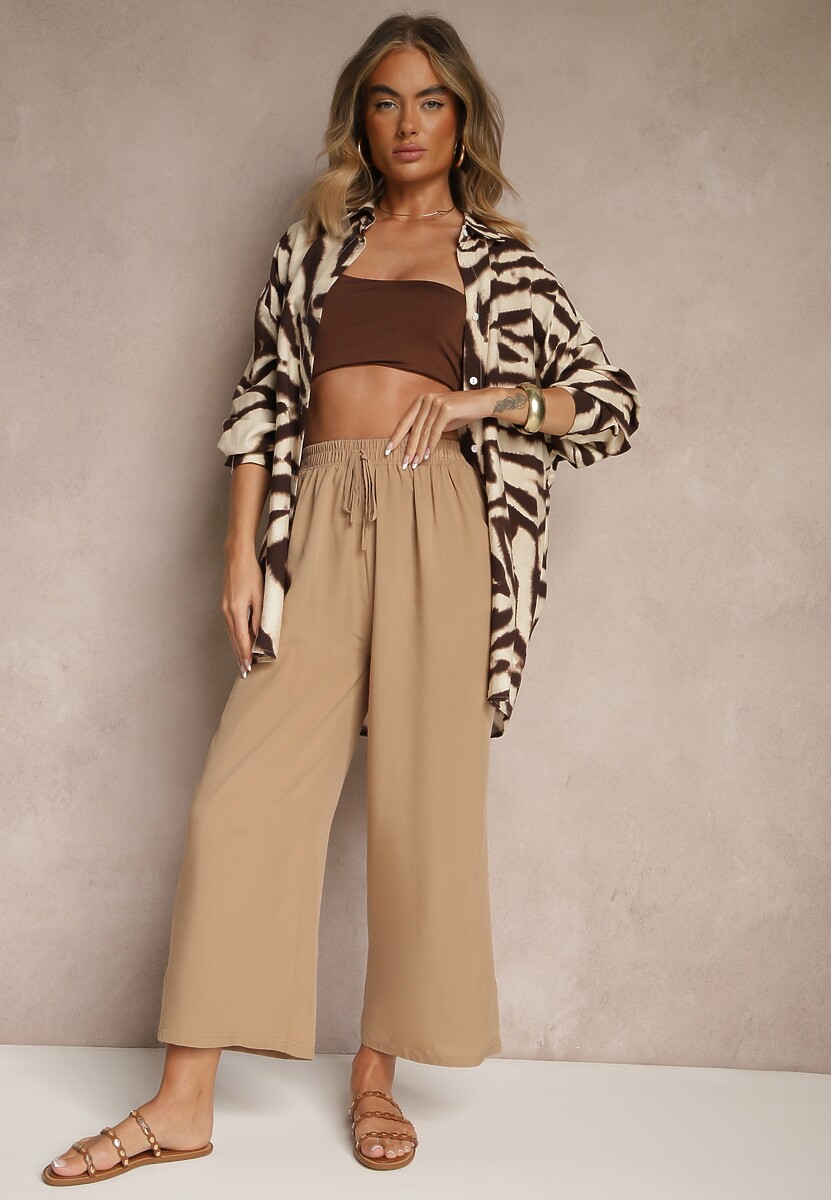 Jasnobeżowe Spodnie z Bawełny Typu Palazzo z Gumką w Talii Fieana