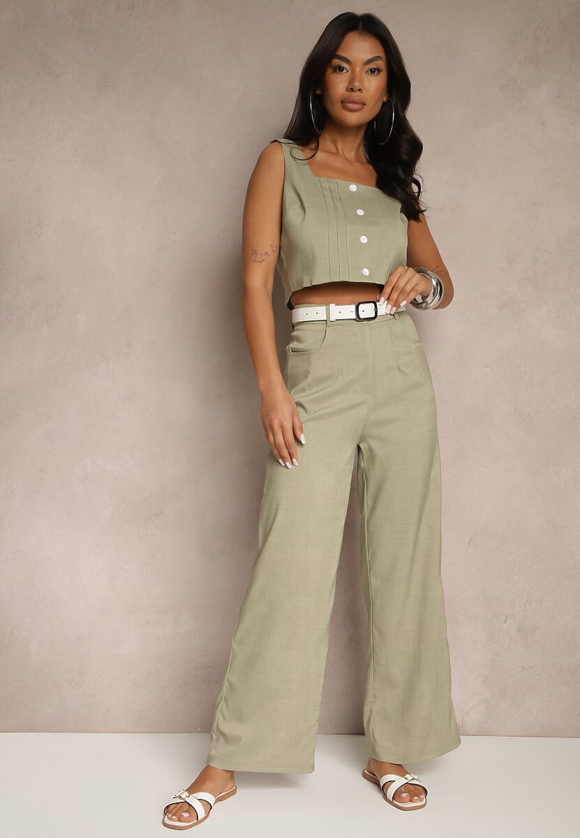Zielony Komplet Top Zdobiony Guzikami i Spodnie o Szerokim Kroju Liracelle