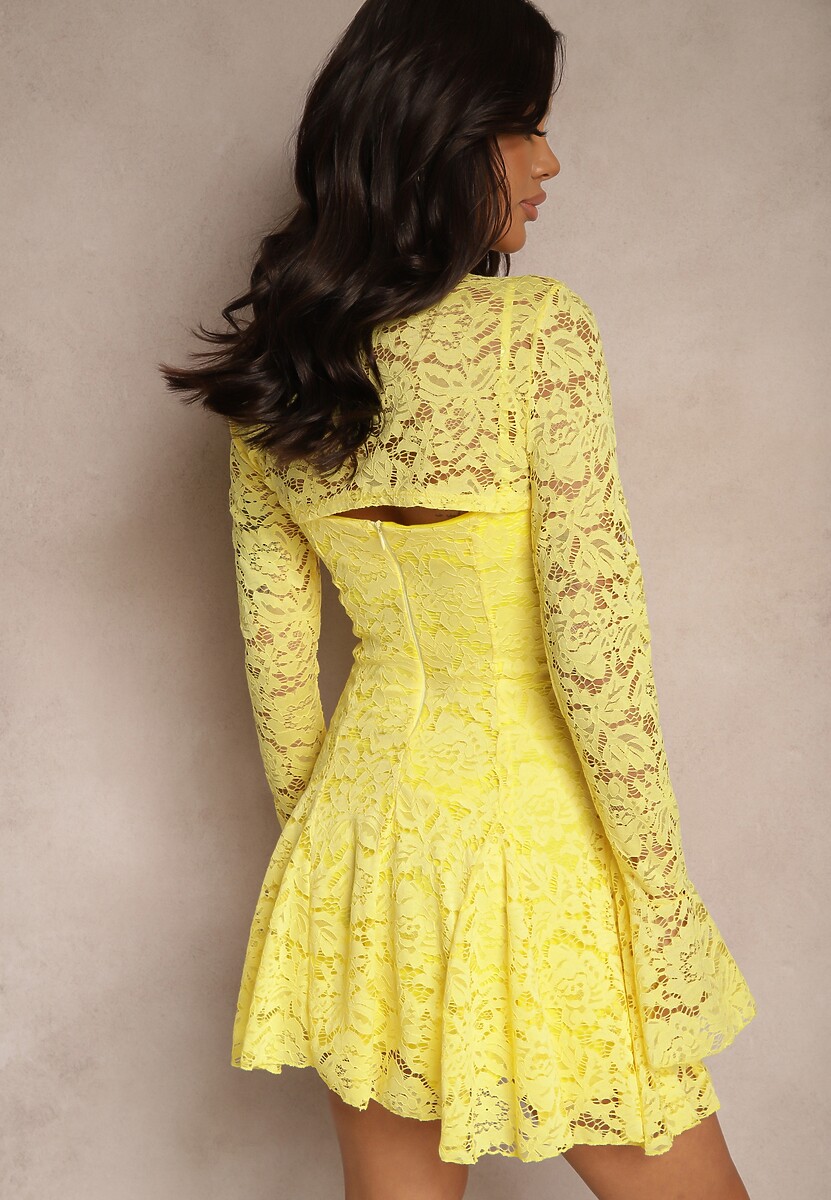 Żółta Koktajlowa Koronkowa Sukienka o Rozkloszowanym Kroju Nelfedi