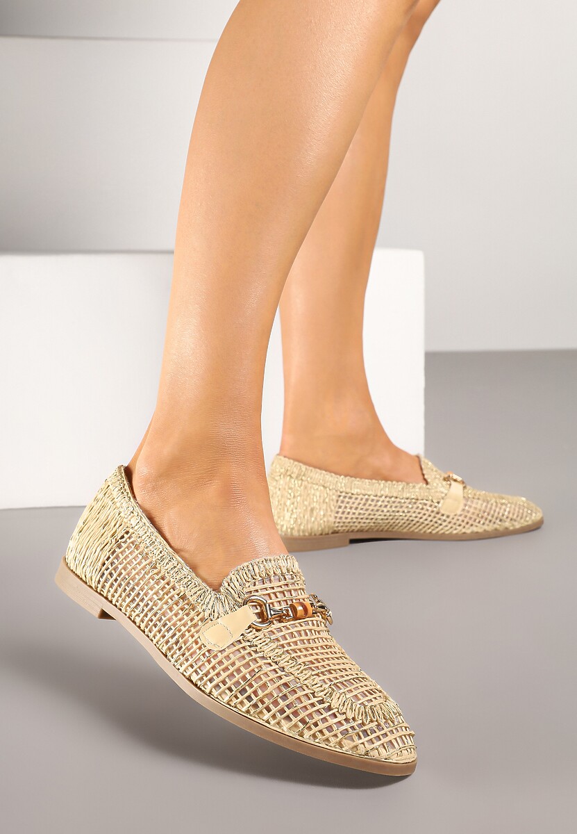 Beżowe Ażurowe Mokasyny Loafersy z Klamrą Koliswena
