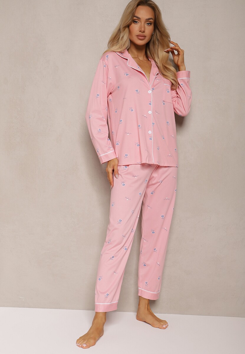 Różowy Komplet Piżamowy z Bawełny Spodnie z Gumką w Pasie Koszula na Guziki z Kieszonką Vaiolae