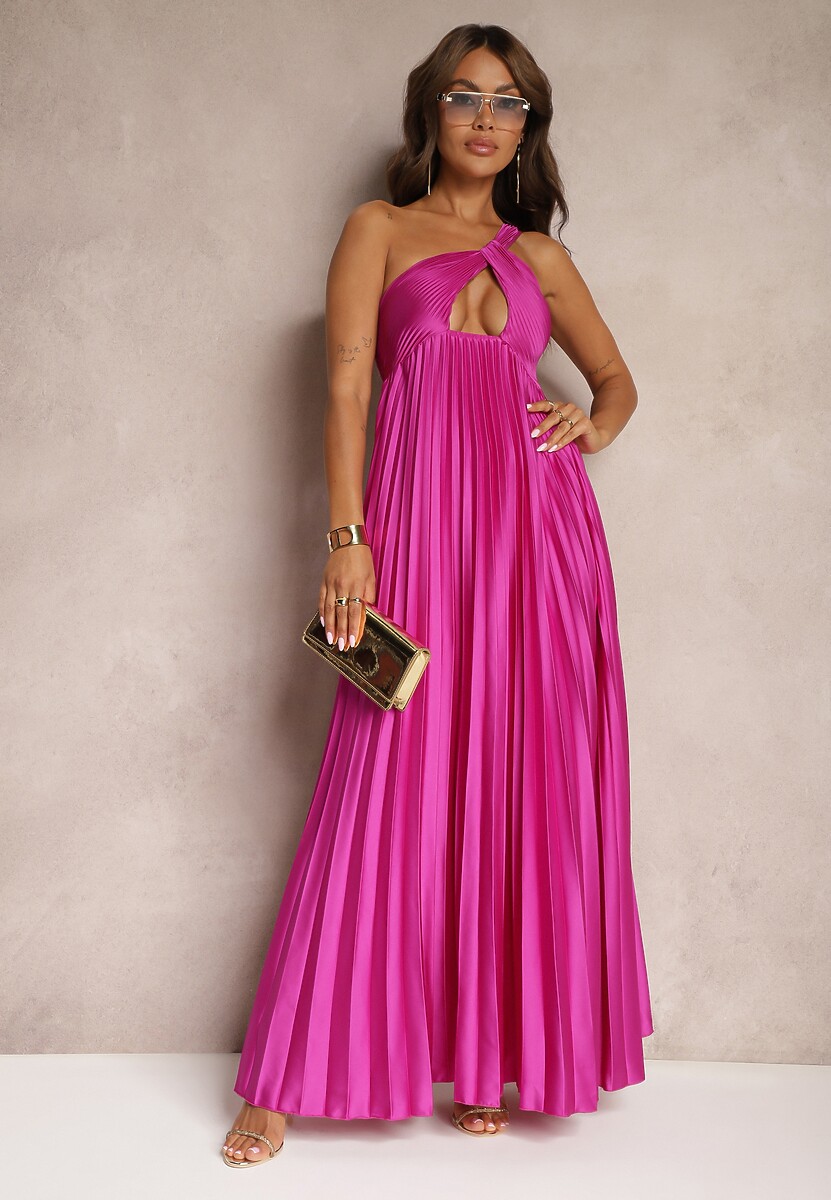 Fioletowa Asymetryczna Sukienka Plisowana na Jedno Ramię z Gumką w Talii Elashay