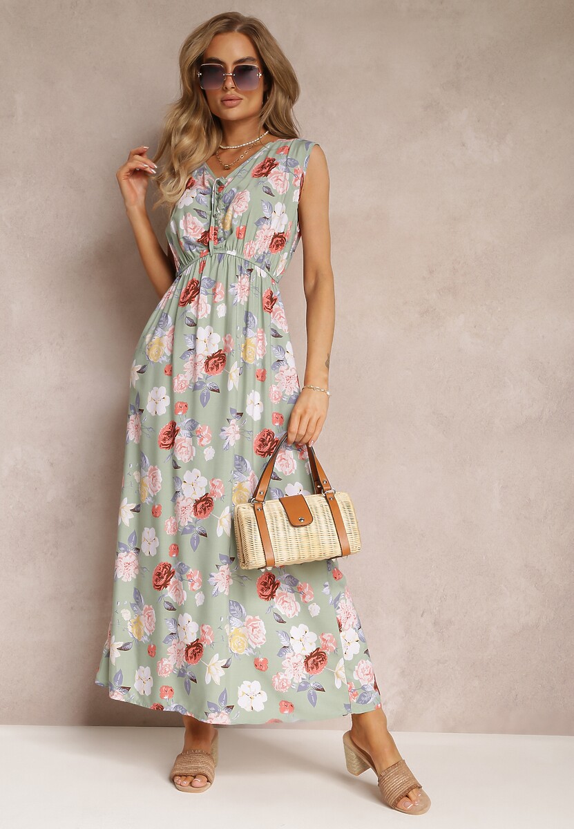 Jasnozielona Sukienka Maxi w Kwiaty z Gumką w Talii Kaleita