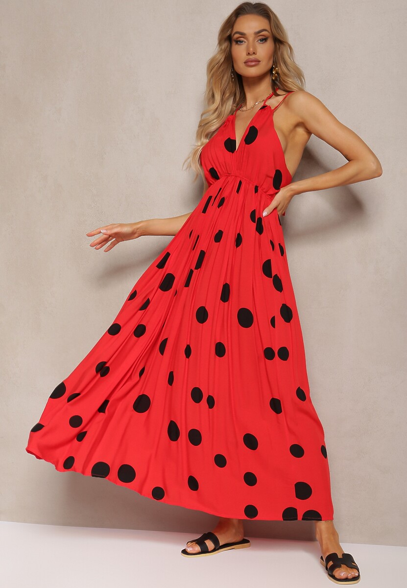 Czerwona Wiskozowa Sukienka z Gumką w Pasie i Wiązaniem na Szyi i Plecach Kamaries