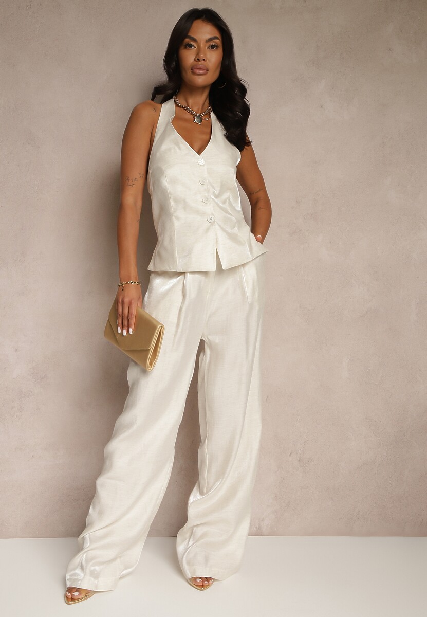 Beżowe Spodnie z Wiskozą i Lnem o Szerokim Kroju Maveleine