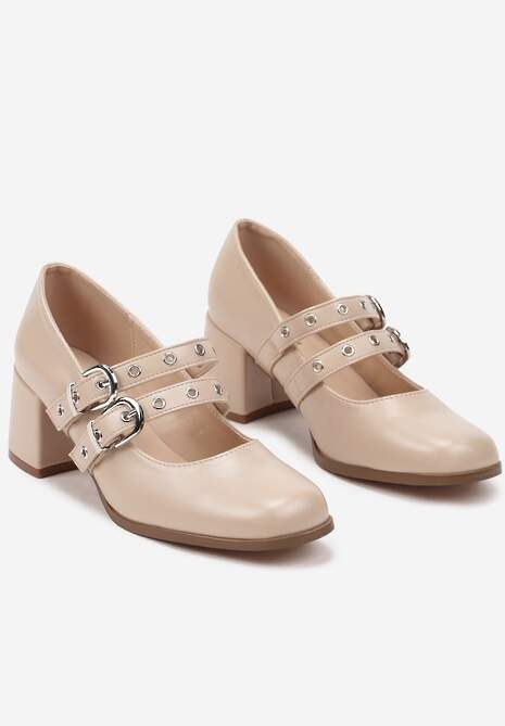 Beżowe Czółenka na Kwadratowym Obcasie Zapinane na Sprzączki Arreria