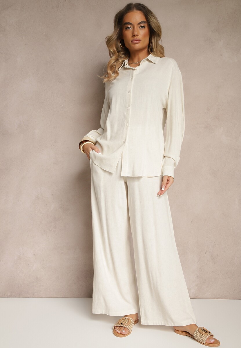 Beżowy Komplet Oversize z Lnu i Wiskozy Koszula i Szerokie Spodnie Mirandrela