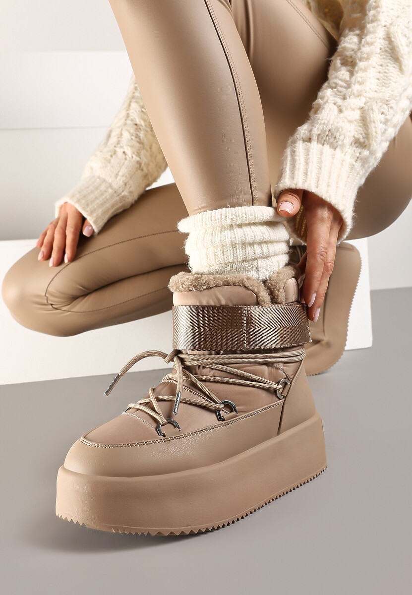 Ciemnobeżowe Śniegowce na Wysokiej Platformie z Futerkiem i Zapięciem na Rzep Norielia