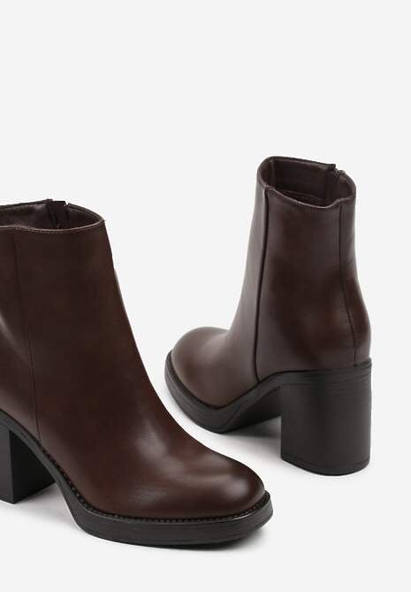 Brązowe Eleganckie Botki z Cholewką do Kostki na Słupku Esleana