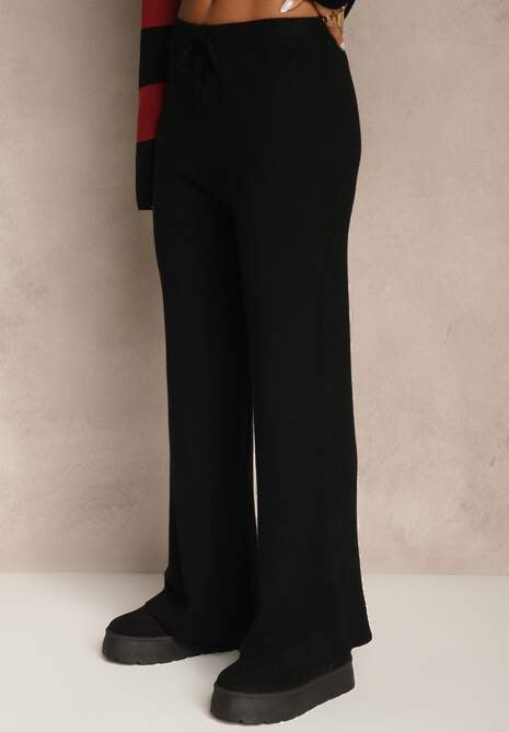 Bordowy Komplet z Dzianiny Spodnie Wide Leg i Sweter w Szerokie Pasy Falorella