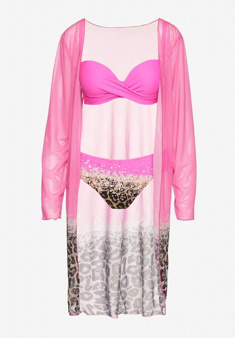 Fuksjowy Komplet Bikini Majtki Figi Biustonosz i Narzutka w Panterkę Paselina