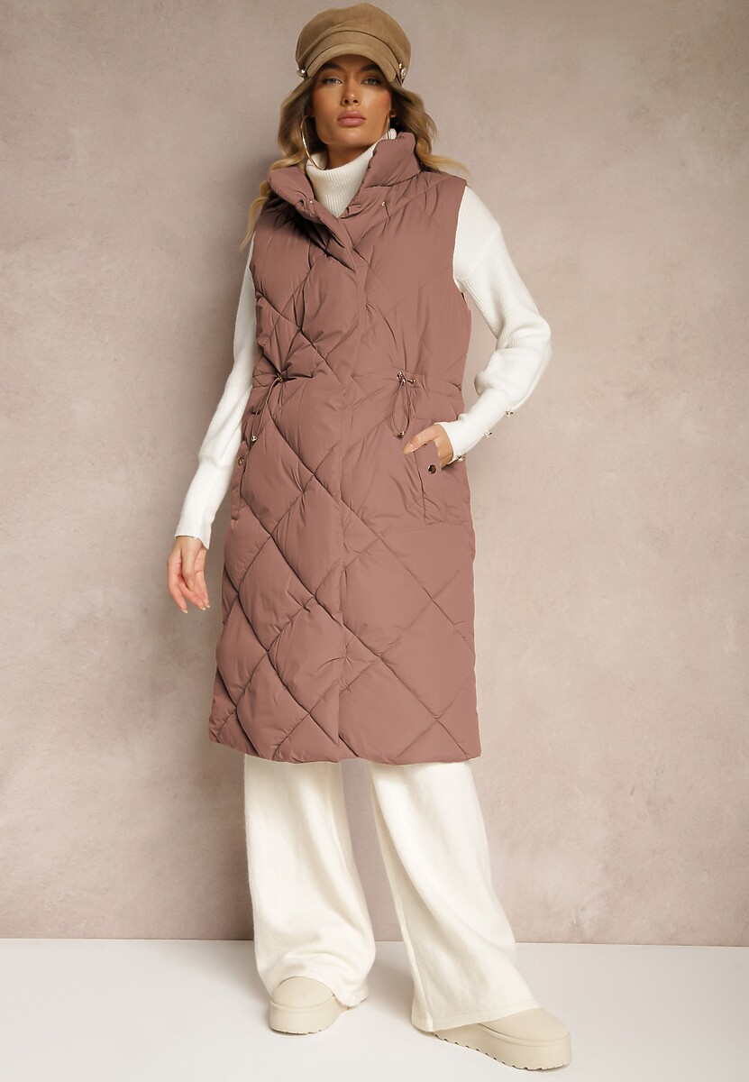 Ciemnobeżowa Długa Kamizelka z Pikowanymi Przeszyciami ze Stójką i Kieszeniami Avalithe