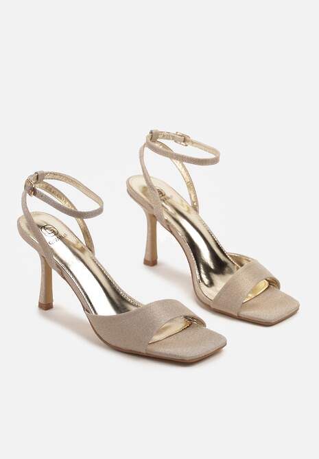 Złote Sandały na Szpilce z Noskiem o Kwadratowym Kształcie i Paskiem z Klamerką Meviora