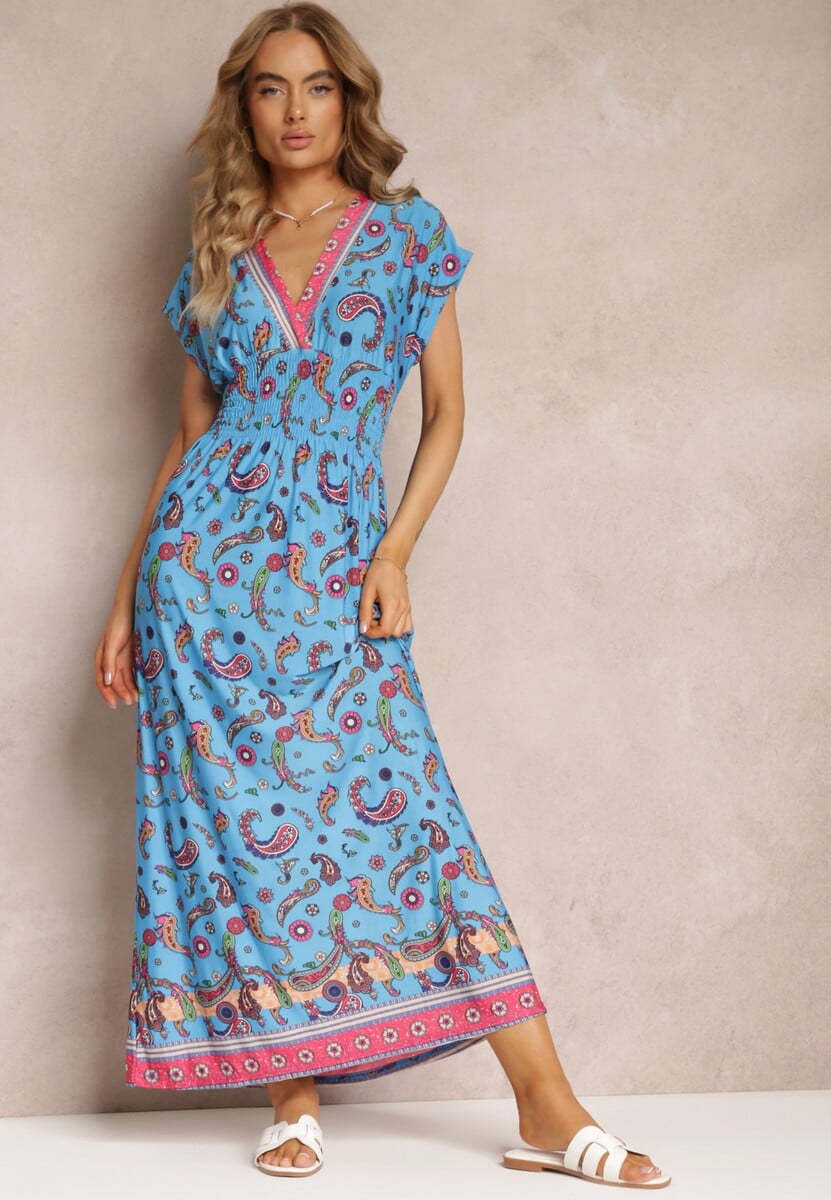 Granatowa Rozkloszowana Sukienka Maxi z Printem Paisley z Gumką w Pasie Zoenia