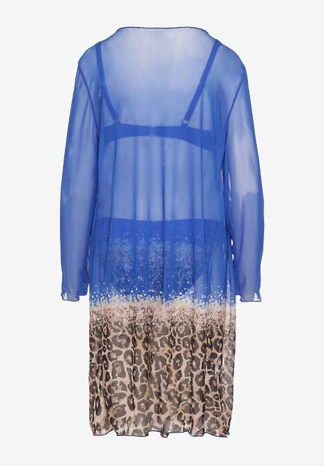 Niebieski Komplet Bikini Majtki Figi Biustonosz i Narzutka w Panterkę Paselina