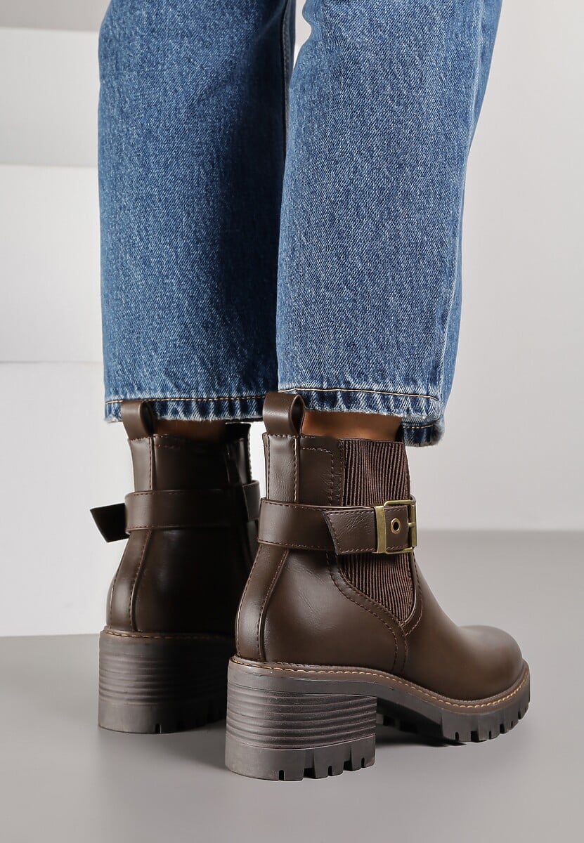 Brązowe Botki w Stylu Sztybletów na Niskim Obcasie z Paskiem ze Sprzączką Lathorie