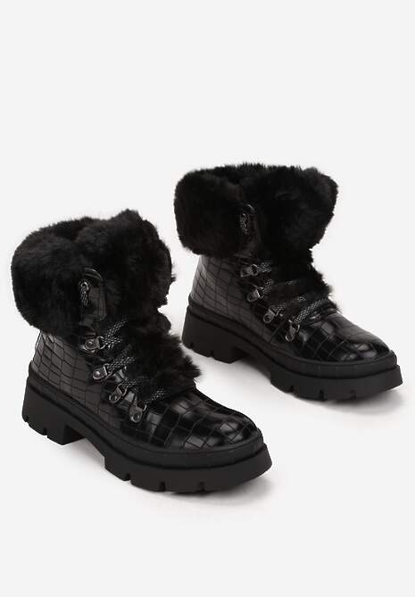 Czarne Botki w Krokodyli Wzór z Futerkiem Guenmon