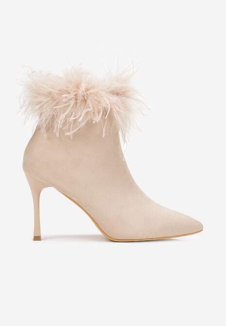 Ciemnobeżowe Botki na Szpilce z Ozdobnymi Piórami Odgaral