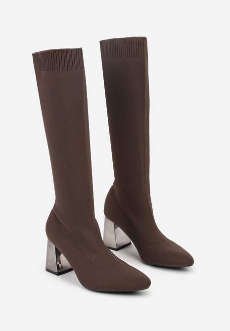 Brązowe Eleganckie Kozaki VICES na Metalicznym Obcasie ze Skarpetkową Cholewką Nalaina