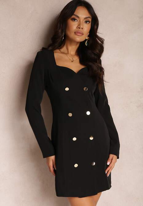 Czarna Sukienka Marynarka Taliowana z Guzikami Zinoma