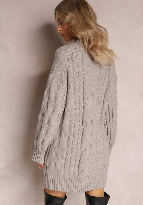 Szary Długi Sweter o Luźnym Kroju z Warkoczykowym Splotem Penerria