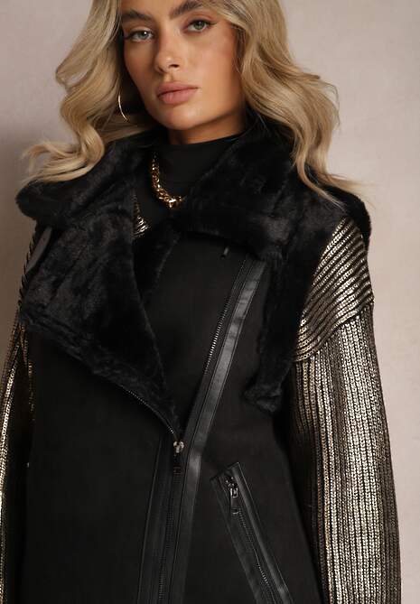 Czarna Kamizelka Bezrękawnik z Asymetrycznym Zapięciem i Futerkiem Sadarra