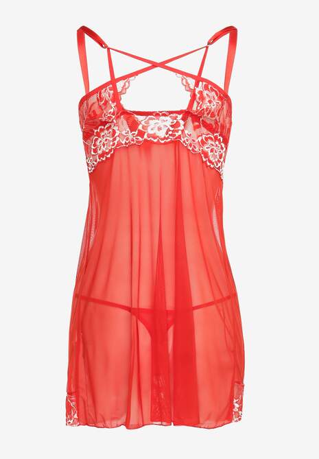 Czerwona Koszula Nocna z Ozdobną Koronką i Stringami Ruscus