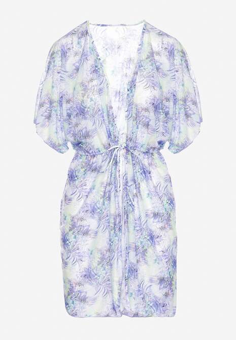 Fioletowa Narzutka Plażowa z Wiązaniem w Kwiatowy Wzór Mevelaura