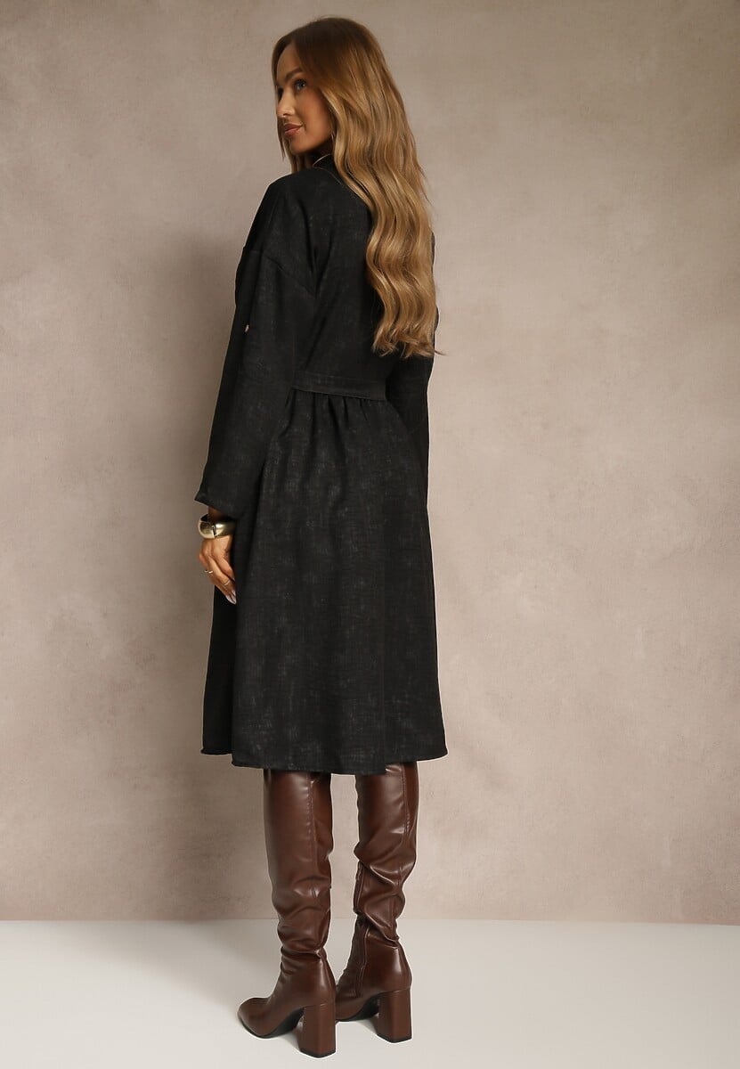 Czarna Sukienka Koszulowa z Paskiem z Klamrą i Kieszonką Parmio