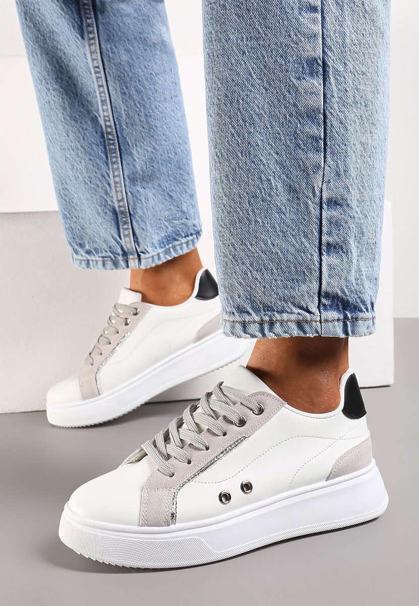 Biało-Szaro Sneakersy z Metalicznymi Wstawkami na Grubej Podeszwie Amoone