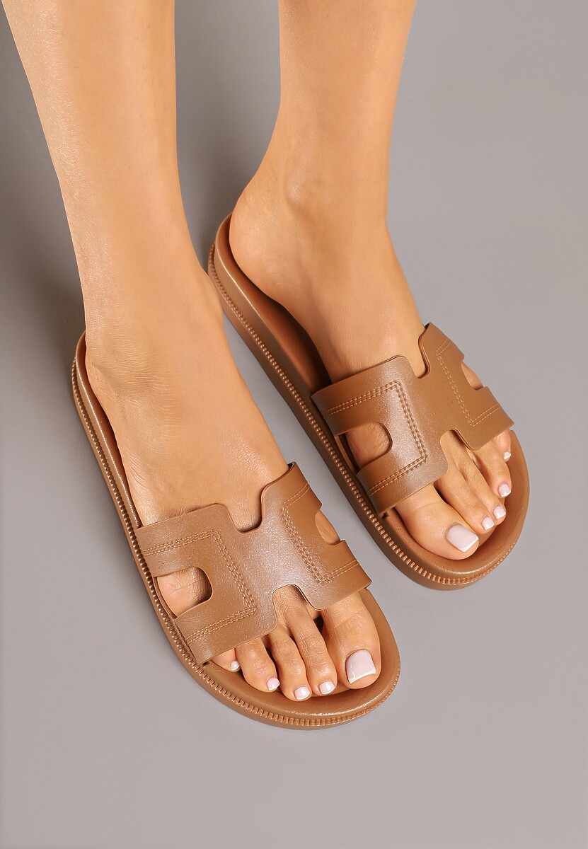 Brązowe Klapki Ozdobione Wycięciami Kinelina