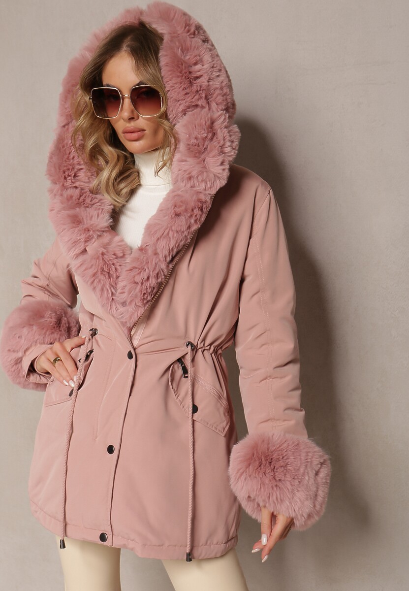 Różowa Kurtka Parka ze Ściągaczem i Kapturem z Futerkiem Bellad
