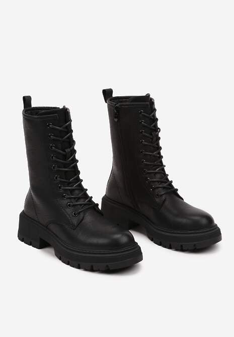 Czarne Botki na Płaskiej Podeszwie Ozdobione Wiązaniem Laolin