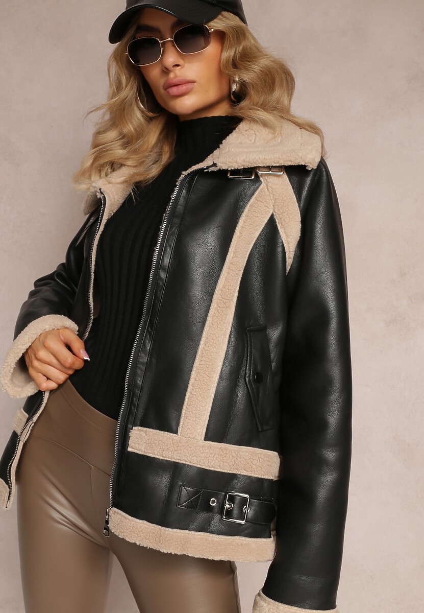 Czarna Kurtka Biker z Imitacji Skóry i Kożuszkiem Nilos