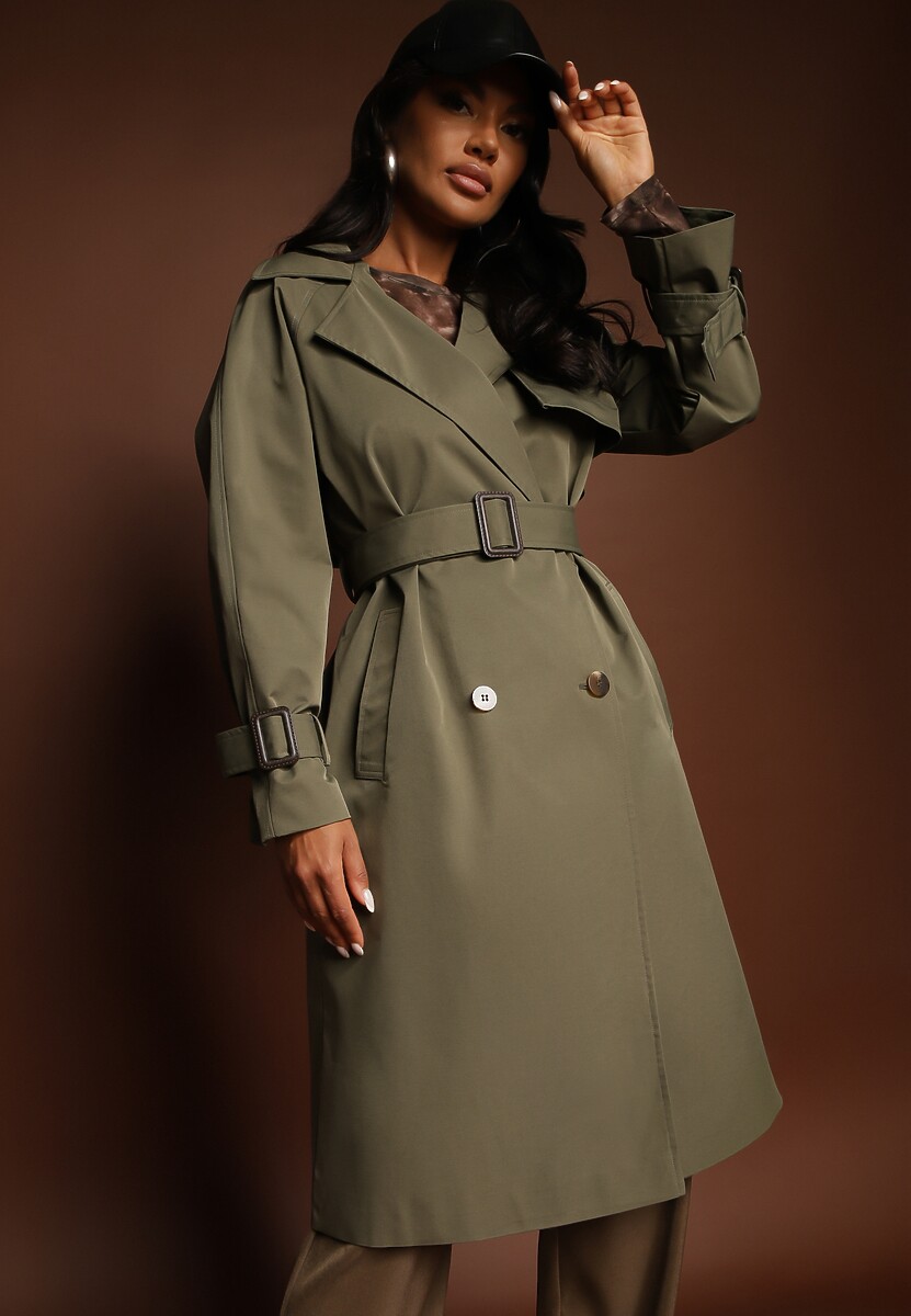Zielony Dwurzędowy Płaszcz Trencz z Paskiem Ninnolia