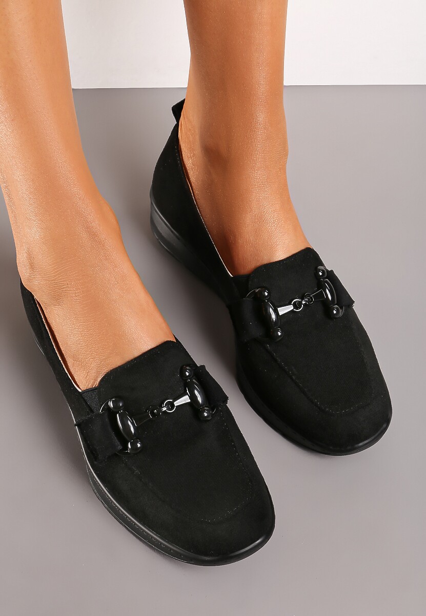 Czarne Półbuty na Grubej Podeszwie z Klamerką i Wkładką ze Skóry Naturalnej Obliria