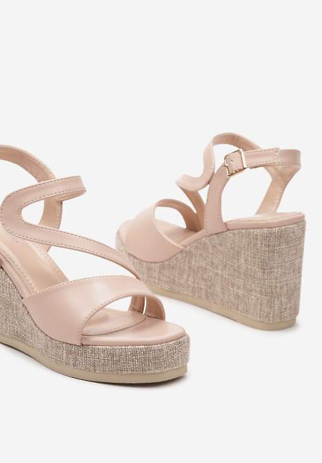Beżowe Sandały z Ekoskóry na Koturnie Zapinane na Sprzączkę Moanis